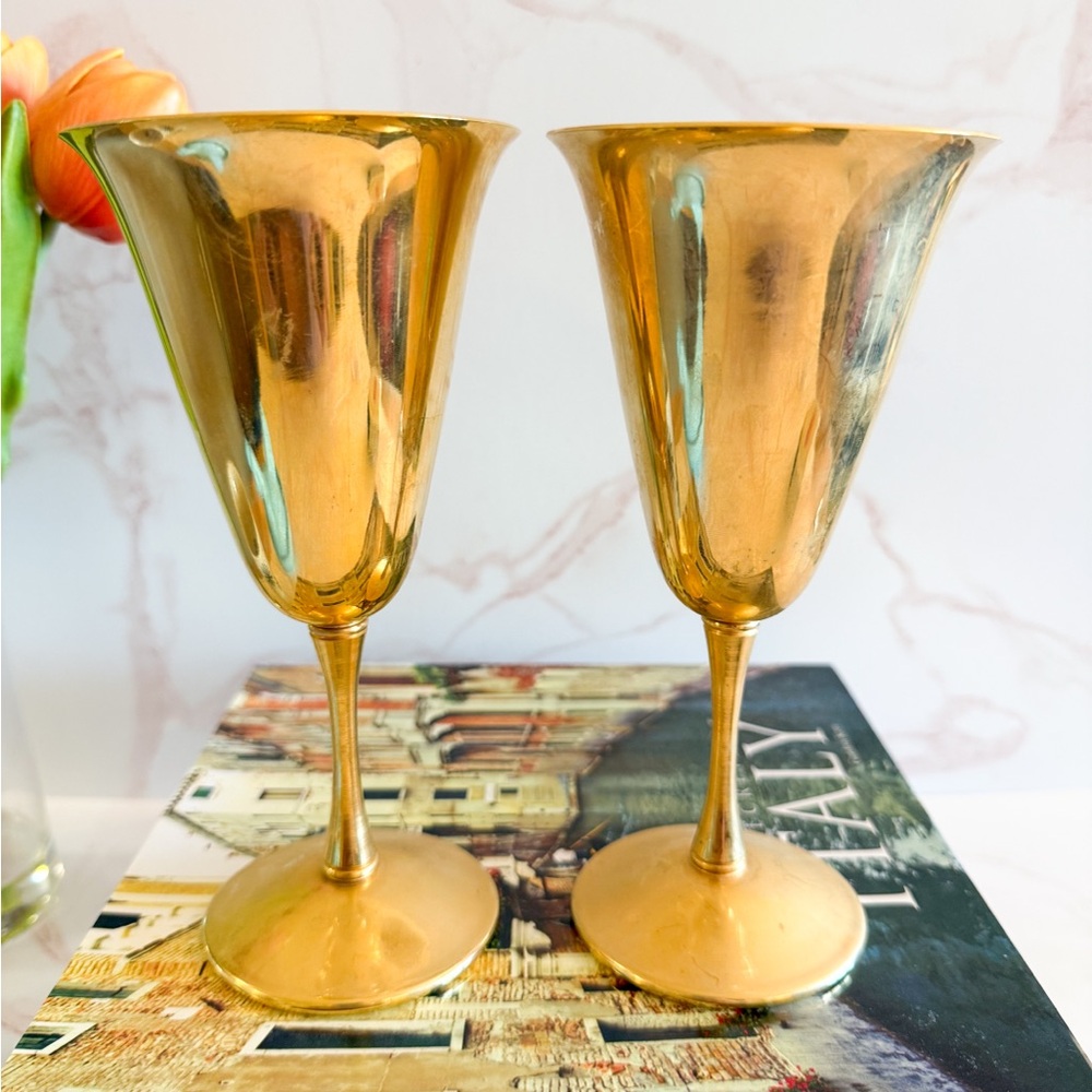Vintage Pair of Bologna, Italy Gold Toned Flared Metal Toasting Goblets